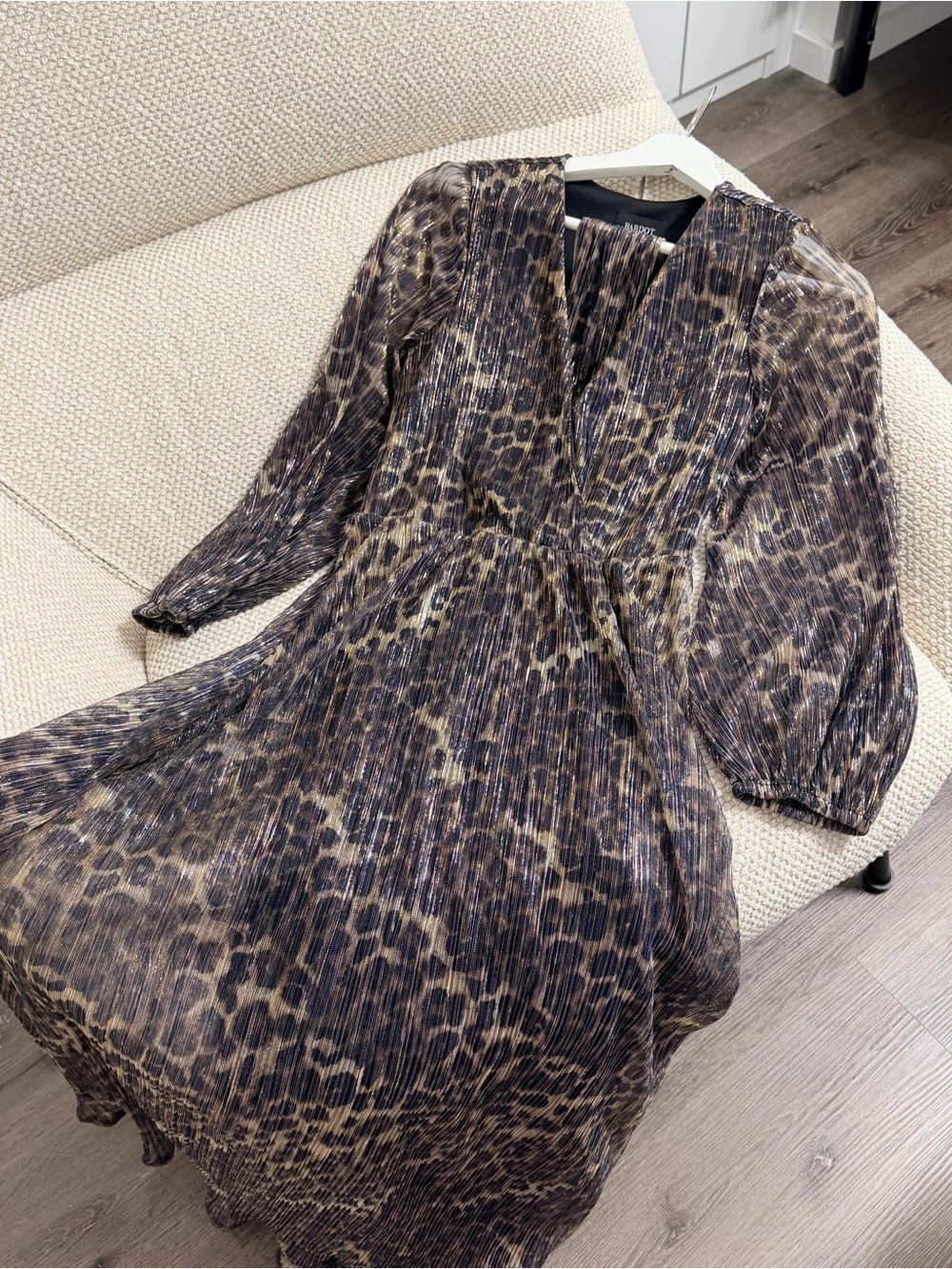 Bardot Brown and Black Pleated Leopard-Print Long-Sleeve Midi Dress